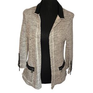 Drew Womens Open Front Cardigan tweed Moto Zip Black White Sz M Lambs Leather